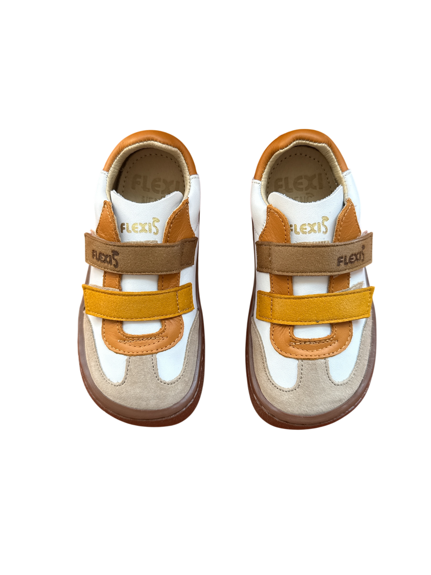 Zapatos respetuosos blancos con detalles en serraje y color ocre – Flexi Nens – Tallas 25 a 34